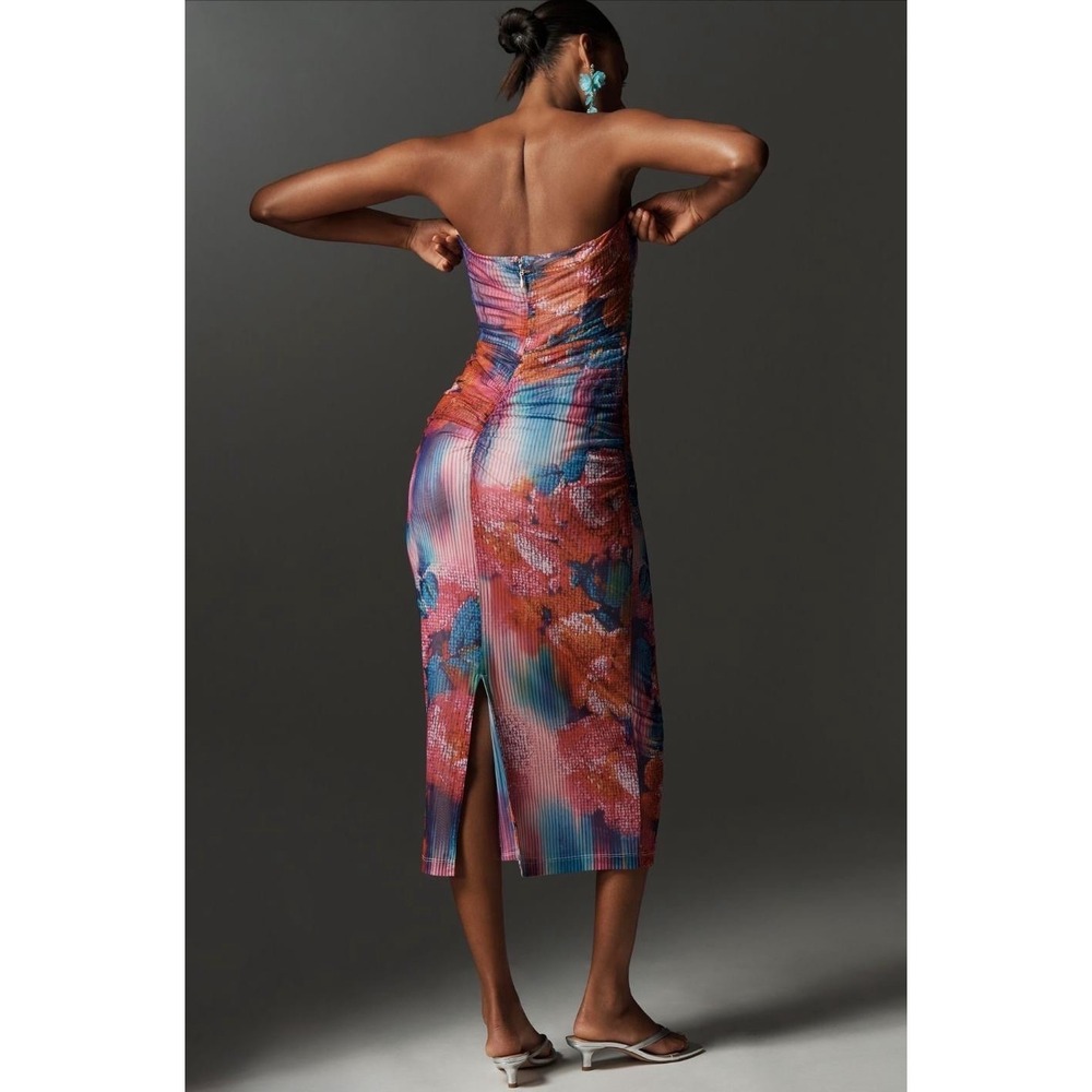 ANTHROPOLOGIE New‎ Soleil Slim Strapless Midi Dress MEDIUM Ruched Mesh Floral - Picture 5 of 9